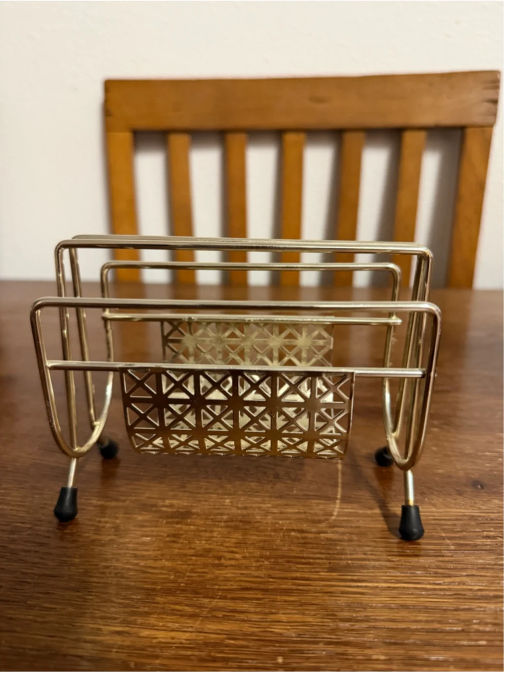 Vintage Mid Century Modern Brass Tone Metal Napkin Holder Letter Mail Rack Desk